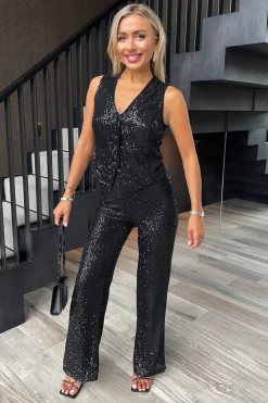 Black Sequin Button Front Waistcoat