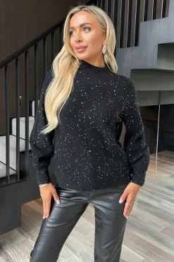 Black Sequin Detail Mock Neck Jumper