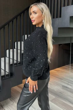 Black Sequin Detail Mock Neck Jumper