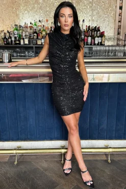 Black Sequin High Neck Ruched Bodycon Mini Dress