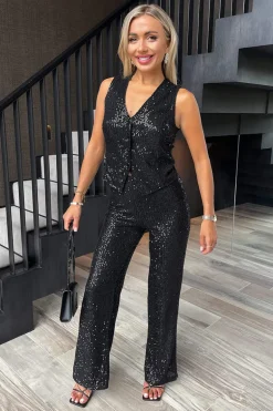 Black Sequin High Waist Flared Trousers