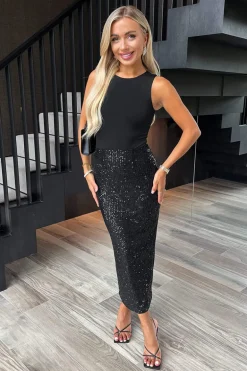 Black Sequin High Waist Midi Skirt
