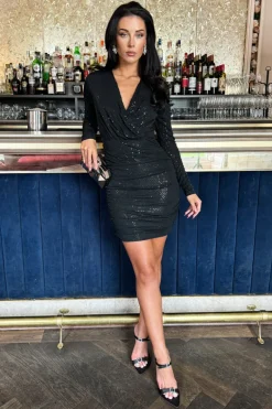 Black Sequin Long Sleeve Wrap top Ruched Mini Dress