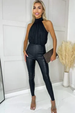Black Shimmer Halterneck Bodysuit