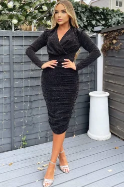 Black Shimmer Long Sleeve Wrap Top Ruched Midi Bodycon Dress