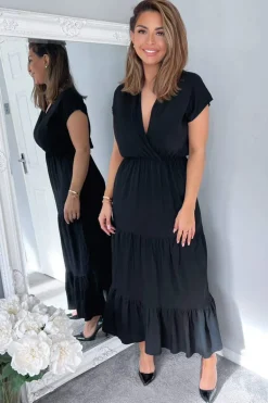 Black Short Sleeved V-Neck Midi Smock Dress