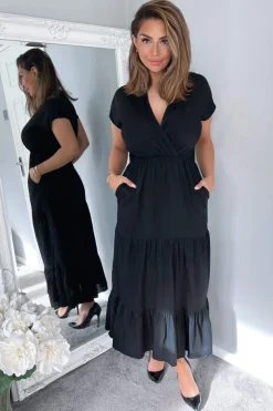 Black Short Sleeved V-Neck Midi Smock Dress