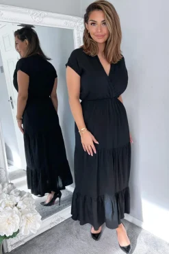 Black Short Sleeved V-Neck Midi Smock Dress