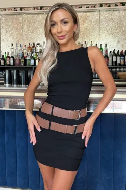 Black Sleeveless Double Belt Detail Bodycon Midi Dress