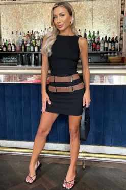 Black Sleeveless Double Belt Detail Bodycon Midi Dress