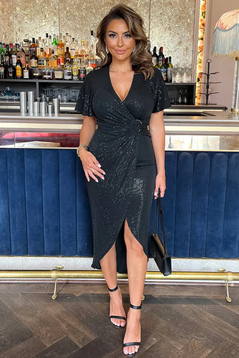 Black Sparkle and Sequin Short Sleeve Ring Detail Wrap Midi Dress