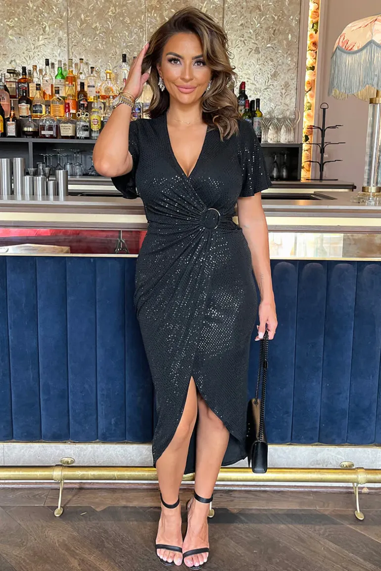 Black Sparkle and Sequin Short Sleeve Ring Detail Wrap Midi Dress