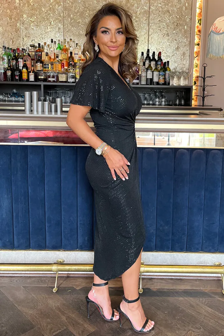 Black Sparkle and Sequin Short Sleeve Ring Detail Wrap Midi Dress