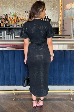 Black Sparkle and Sequin Short Sleeve Ring Detail Wrap Midi Dress