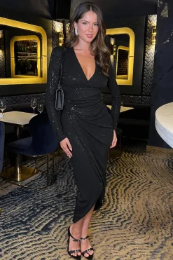 Black Sparkle and Sequin Long Sleeve Wrap Midi Dress