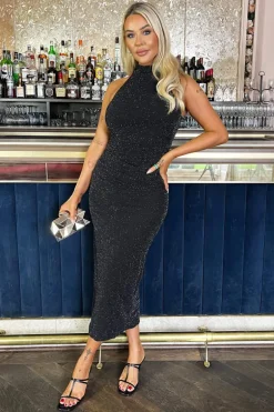 Black Sparkle Halter Neck Ruched Bodycon Midi Dress
