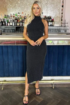 Black Sparkle Halter Neck Ruched Bodycon Midi Dress