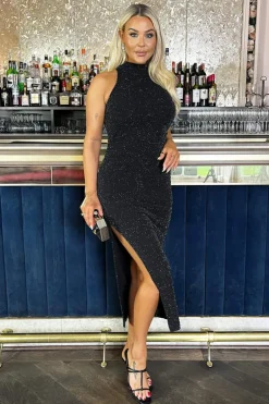 Black Sparkle Halter Neck Ruched Bodycon Midi Dress