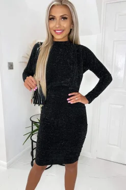 Black Sparkle High Neck Ruched Mini Dress