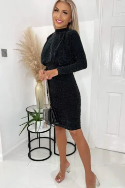Black Sparkle High Neck Ruched Mini Dress