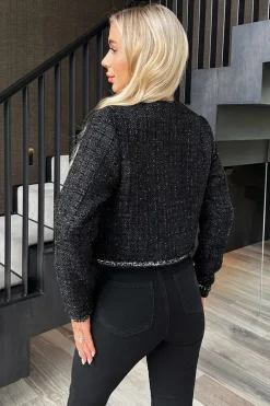 Black Sparkle Tweed Contrast Hem Detail Cropped Jacket