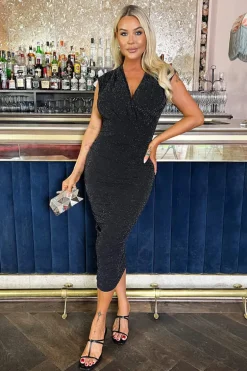 Black Sparkle Wrap Top Ruched Skirt Midi Dress