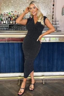 Black Sparkle Wrap Top Ruched Skirt Midi Dress