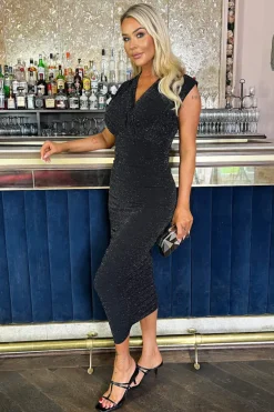 Black Sparkle Wrap Top Ruched Skirt Midi Dress