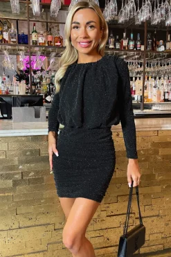 Black Sparkly Long Sleeve Ruched Mini Dress