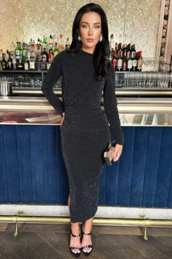 Black Sparkly Long Sleeve Ruched Bodycon Midi Dress