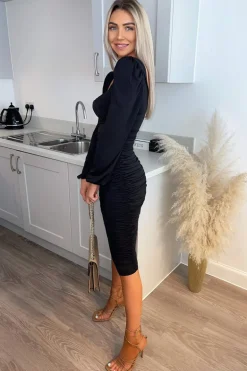 Black Square Neck Ruched Long Sleeve Midi Dress