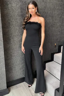 Black Strapless Faux Feather Detail Jumpsuit
