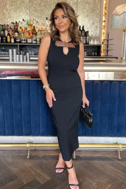Black Stretch Cotton Sleeveless Buckle Belt Top Detail Bodycon Midi Dress