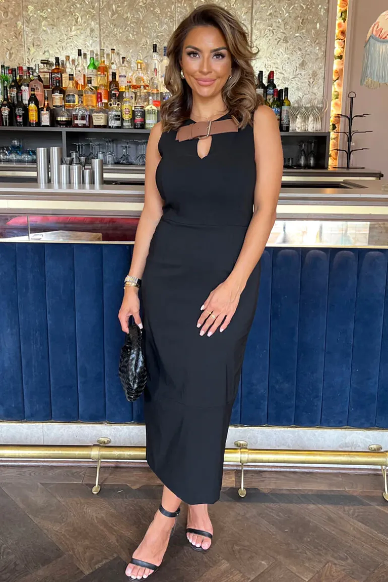 Black Stretch Cotton Sleeveless Buckle Belt Top Detail Bodycon Midi Dress