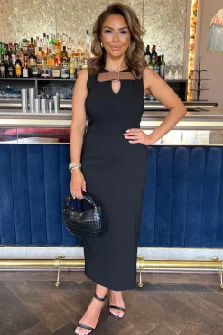 Black Stretch Cotton Sleeveless Buckle Belt Top Detail Bodycon Midi Dress