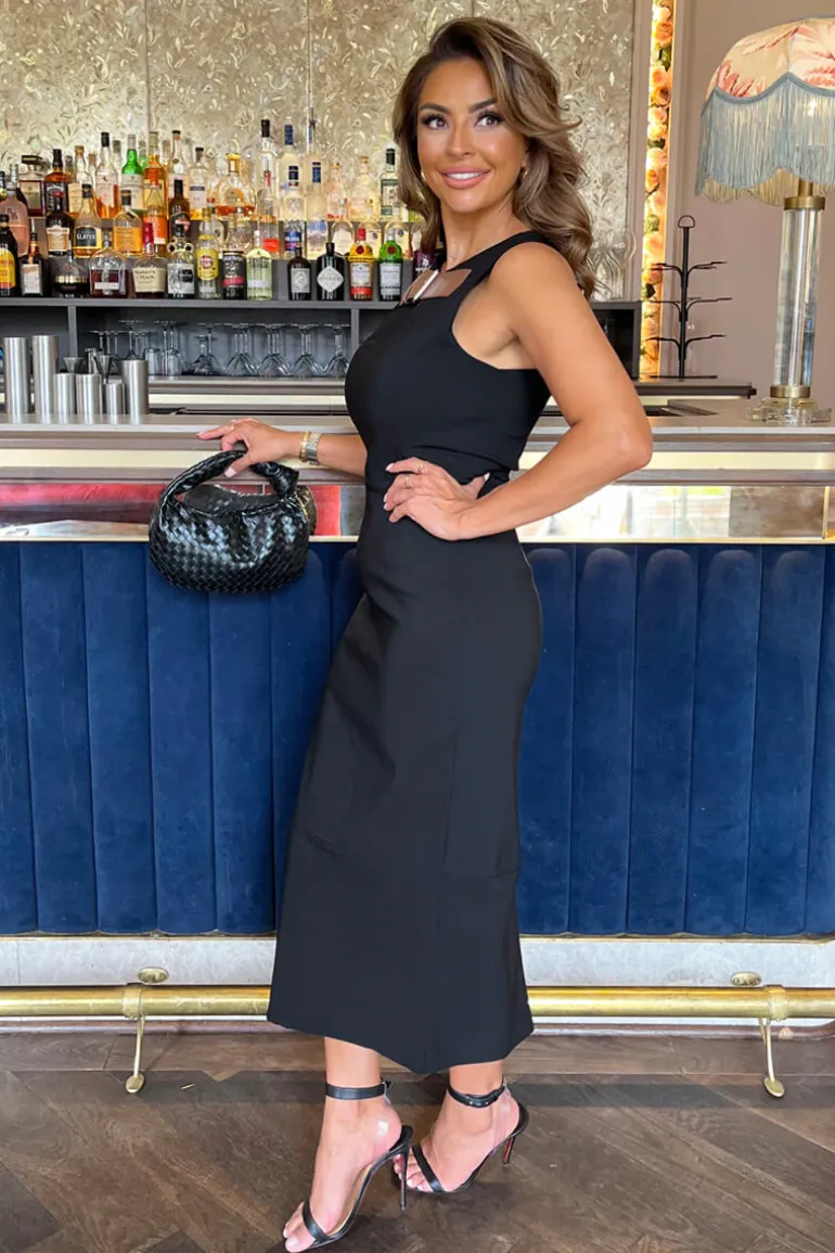 Black Stretch Cotton Sleeveless Buckle Belt Top Detail Bodycon Midi Dress