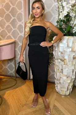 Black Stretch Cotton Strapless Belted Bodycon Midi Dress