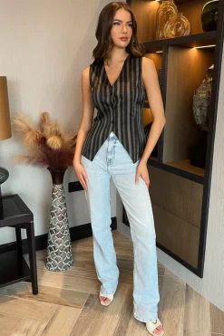 Black Stripe Print Button Front Waistcoat