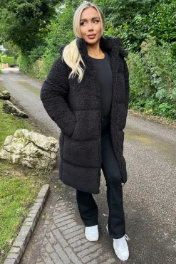 Black Teddy Panelled Long Coat