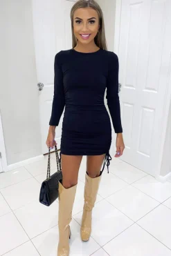 Black Tie Ruched Side Bodycon Dress