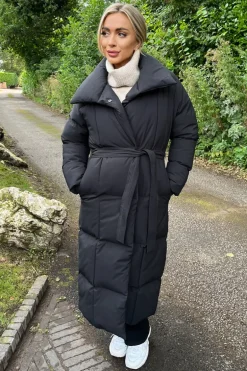 Black Tie Waist Quilted Longline Puffer Coat
