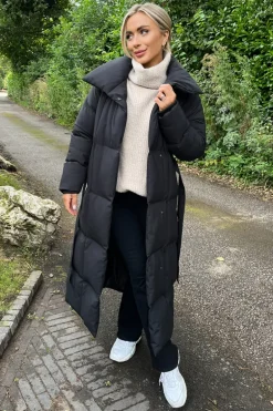 Black Tie Waist Quilted Longline Puffer Coat