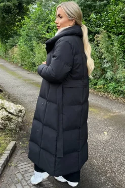 Black Tie Waist Quilted Longline Puffer Coat