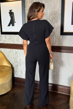 Black V Neck Knot Detail Flutter Sleeve Wide Leg Jumpsuit