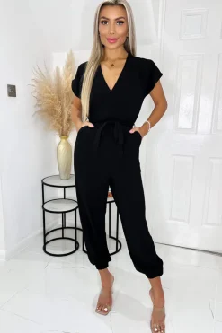 Black V Neck Short Sleeve Belted Elasticated Cuff Jumpsuit