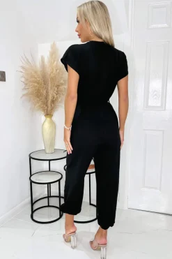 Black V Neck Short Sleeve Belted Elasticated Cuff Jumpsuit