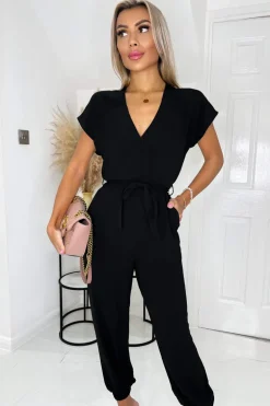 Black V Neck Short Sleeve Belted Elasticated Cuff Jumpsuit