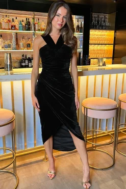 Black Velvet Knot Detail Wrap Skirt Midi Dress