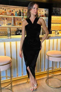 Black Velvet Knot Detail Wrap Skirt Midi Dress