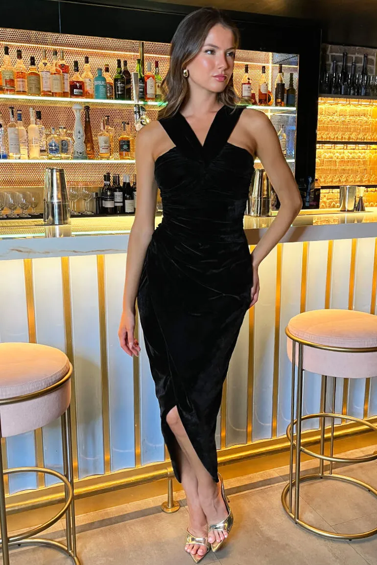 Black Velvet Knot Detail Wrap Skirt Midi Dress